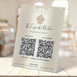 2 QR-code Hier betalen Gold Cupcake Glitter Bakker Reclamebord Met Voetstuk