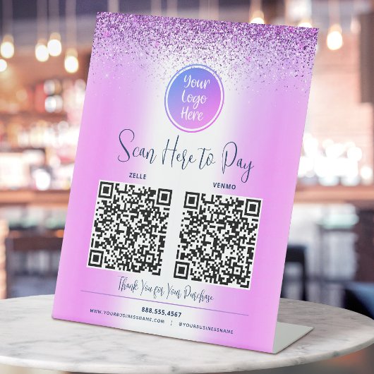 2 QR Code Paars Glitter Aangepast Logo Scan Betale Reclamebord Met Voetstuk