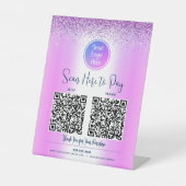 2 QR Code Paars Glitter Aangepast Logo Scan Betale Reclamebord Met Voetstuk (Voorkant)