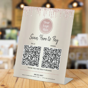 2 QR-codes Betaal hier Roze Glitters Gouden Aangep Reclamebord Met Voetstuk