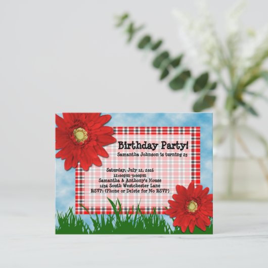 2 Red Gerbera Daisies Anniversaire Invitations (Debout devant)