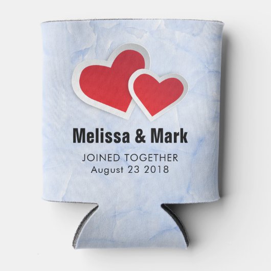 2 Rode Papieren Harten op IJsblauwe Marmeren Trouw Blikjeskoeler (Voorkant)