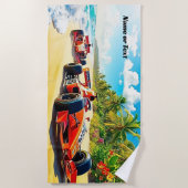 2 rode raceauto's op het zand strandlaken (Voorkant)