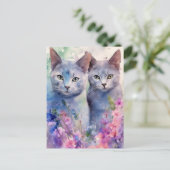 2 Russische Blauwe Katten Bloemenveld Briefkaart (Staand voorkant)