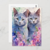 2 Russische Blauwe Katten Bloemenveld Briefkaart (Voorkant / Achterkant)
