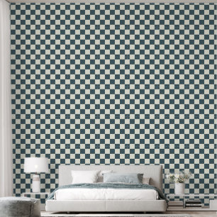 2" Schachbrettpatroon donker turkooisblauw en ivoo Behang
