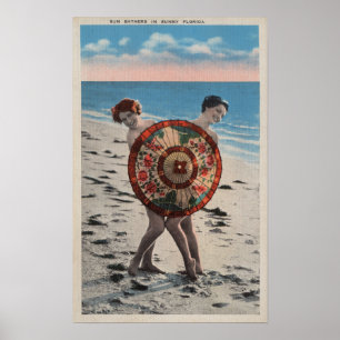 2 Sunbathing Women & Asian Umbrella, Florida Poster