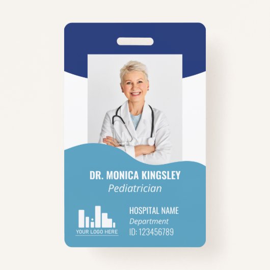 2 tinten blauwe golven Logo & foto werknemer ID Badge (Voorkant)