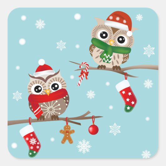 2 Uilen op Christmas Branches Stickers (Voorkant)