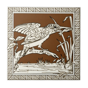 #2 van 12 Repro 1880s Minton Mocha Bird Series Tegeltje