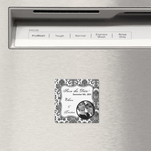 2"x2" Enregistrer la date Aimant noir blanc Damas (In Situ (Lave-vaisselle))