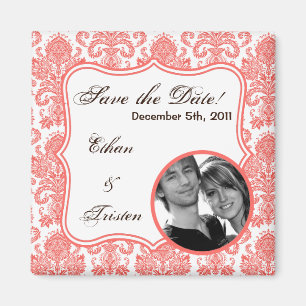 2 "x2" Save the Date Magnet Coral White Damask Lac Magneet