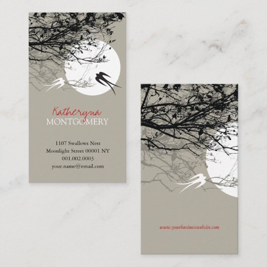2 Zwaluwen & takken in Moonlight Modern Zen Grijs Visitekaartje (Voorkant / Achterkant)