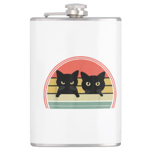 2 Zwarte Katten Peeking  Retro Cat Animal Love Heupfles
