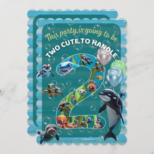 2Cute2Handle Flat Scalloped Birthday Invitation Kaart (Voorkant / Achterkant)