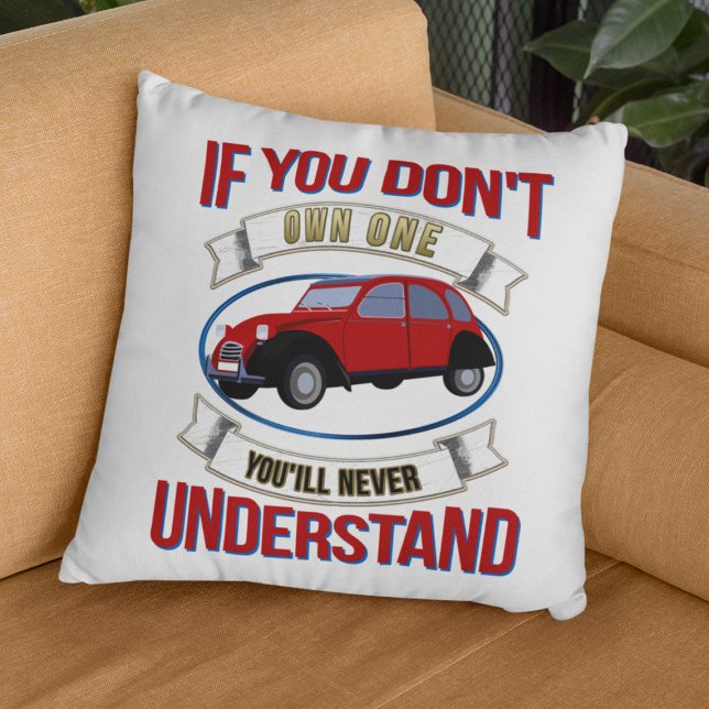 2CV Deux Chevaux Oldtimer Je zult het nooit begrij Kussen (2CV Pillow in White with a Red Blue Oldtimer illustration)