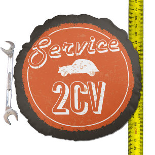 2CV Service Vintage Sinaasappel Carshop Typografie Rond Kussen