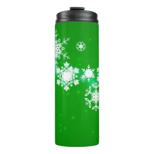 2d illustratie. Sneeuwvlokken op de achtergrond. H Thermosbeker