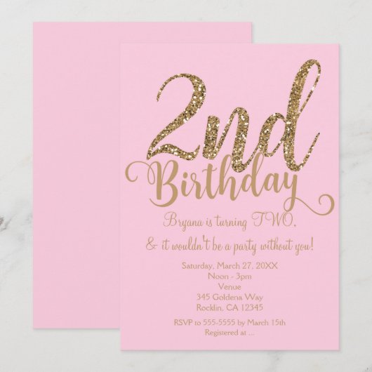 2e ANNIVERSAIRE 2 Fête Rose & Or TWO Invitations (Devant / Derrière)