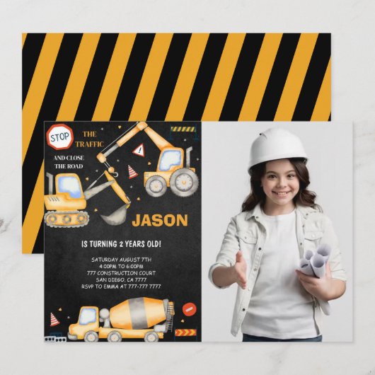 2e anniversaire Construction Boy Photo Invitation (Devant / Derrière)