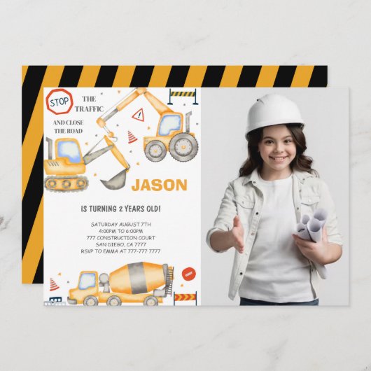 2e anniversaire Construction Boy Photo Invitation (Devant / Derrière)