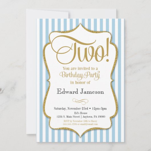 2e anniversaire Invitation Boys Deux ans Blue Gold (Devant)