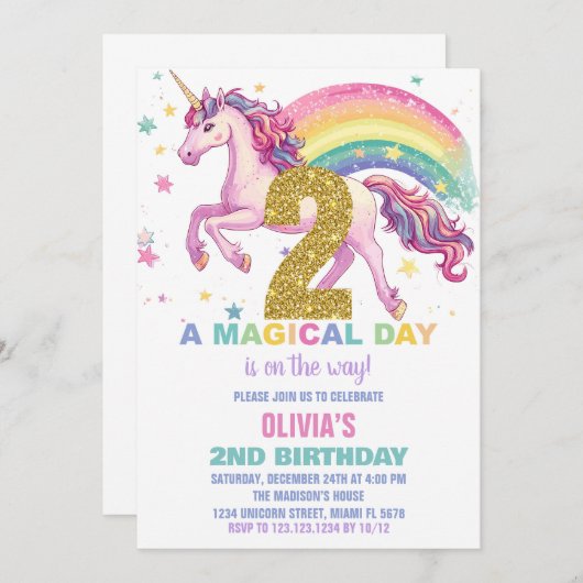 2e Invitations d'anniversaire de l'Unicorne (Devant / Derrière)