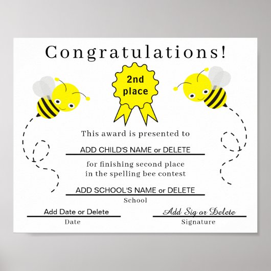 2e plaats Spelling Bee Certificaat voor Kinderen Poster (Voorkant)