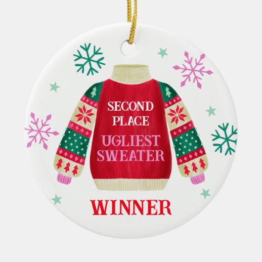 2e plaats Ugly Sweater Contest prijswinnaar Keramisch Ornament (Voorkant)