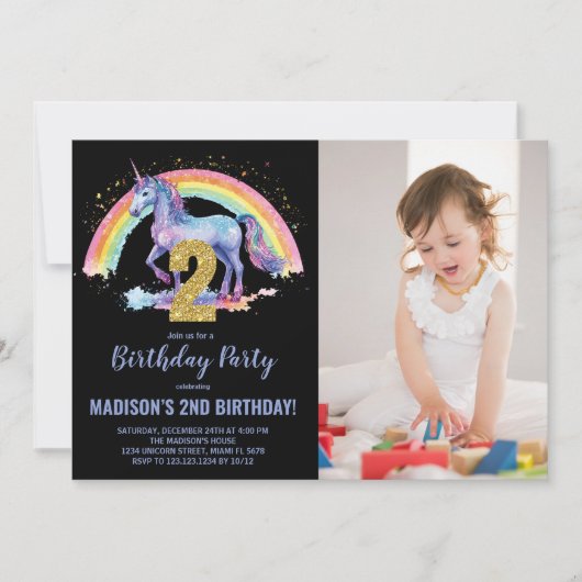 2e Rainbow Unicorn Birthday Invitations photo (Devant)