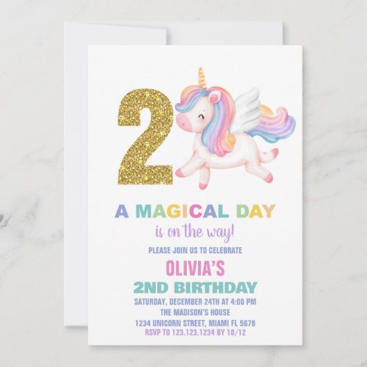 2e Rainbow Unicorn Invitations d'anniversaire (Devant)