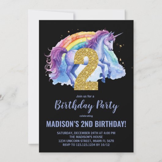 2e Rainbow Unicorn Invitations d'anniversaire (Devant)