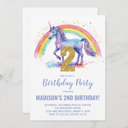 2e Rainbow Unicorn Invitations d'anniversaire (Devant / Derrière)
