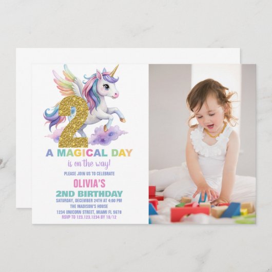 2e Rainbow Unicorn Invitations d'anniversaire avec (Devant / Derrière)