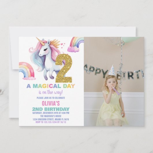 2e Rainbow Unicorn Invitations d'anniversaire avec (Devant)