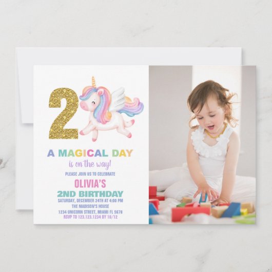 2e Rainbow Unicorn Invitations d'anniversaire avec (Devant)