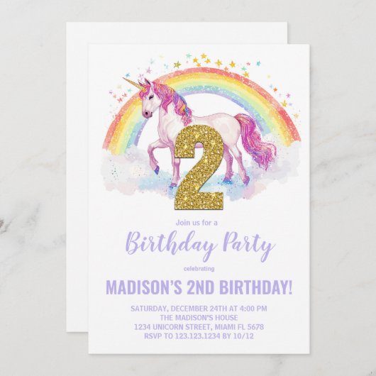 2e Rainbow Unicorn Verjaardag Uitnodigingen (Voorkant / Achterkant)