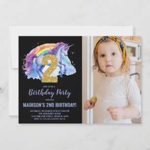 2e Rainbow Unicorn Verjaardag Uitnodigingen foto