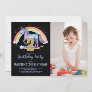2e Rainbow Unicorn Verjaardag Uitnodigingen foto