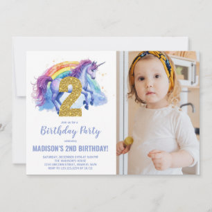 2e Rainbow Unicorn Verjaardag Uitnodigingen foto