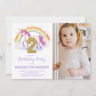 2e Rainbow Unicorn Verjaardag Uitnodigingen foto