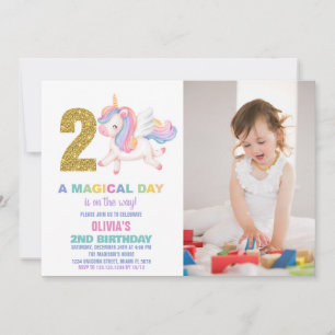 2e Rainbow Unicorn Verjaardag Uitnodigingen w foto