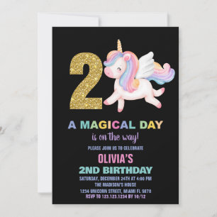 2e Rainbow Unicorn Verjaardag Uitnodigingen Zwart