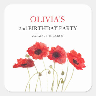 2e Tweede Verjaardag Party Poppies Baby Girl Vierkante Sticker