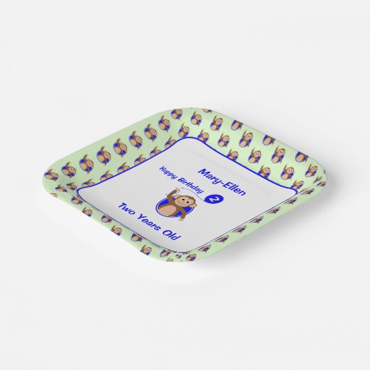 2e verjaardag aap blauwe ballon papieren bordje (Gebogen)