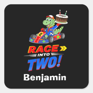 2e verjaardag Dinosaurus Race Auto Klaar Af Vierkante Sticker