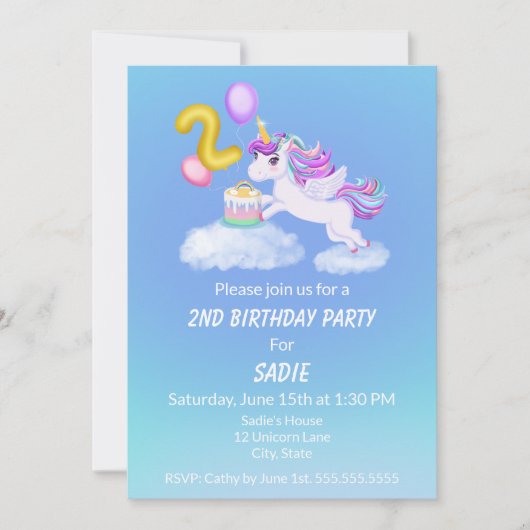 2e verjaardag Eenhoorn met taart uitnodiging (Voorkant)