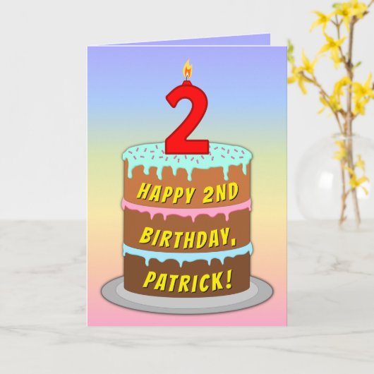 2e verjaardag — Fun Cake & Candle, met aangepaste  Kaart (Gele Bloem)