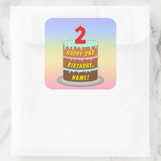 2e verjaardag: Fun Cake en Candle + Custom Name Vierkante Sticker (Tas)