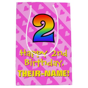 2e verjaardag: Fun Pink Hearts Stripes & Rainbow 2 Medium Cadeauzakje